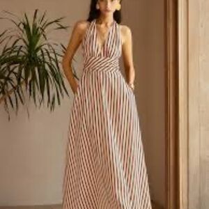 Commense Stripe Brown and Cream Backless Pockets Dress Size L NWT $48